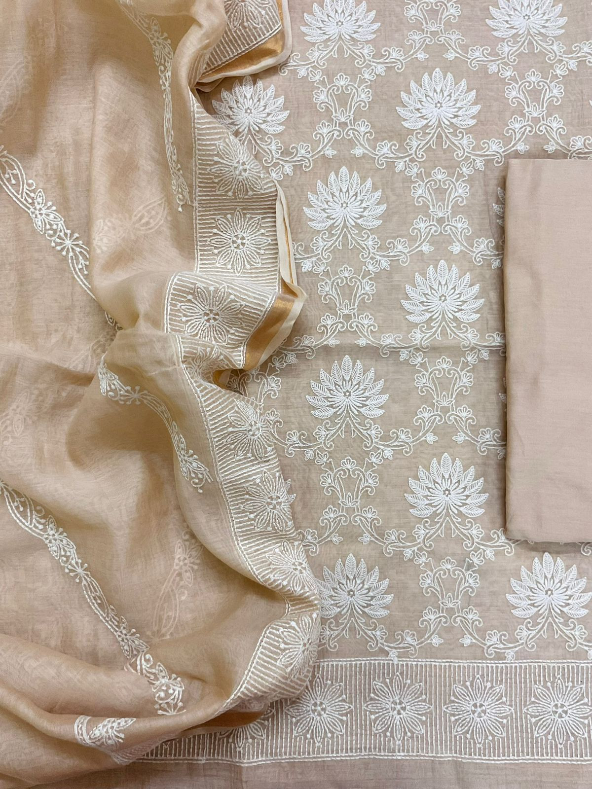 Pure Mul Chanderi Embroidered Suit - Beige