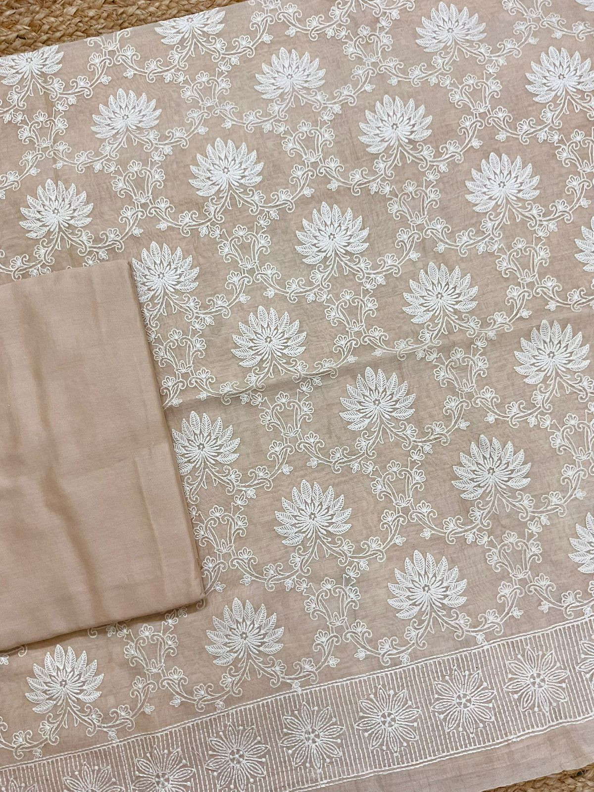 Pure Mul Chanderi Embroidered Suit - Beige