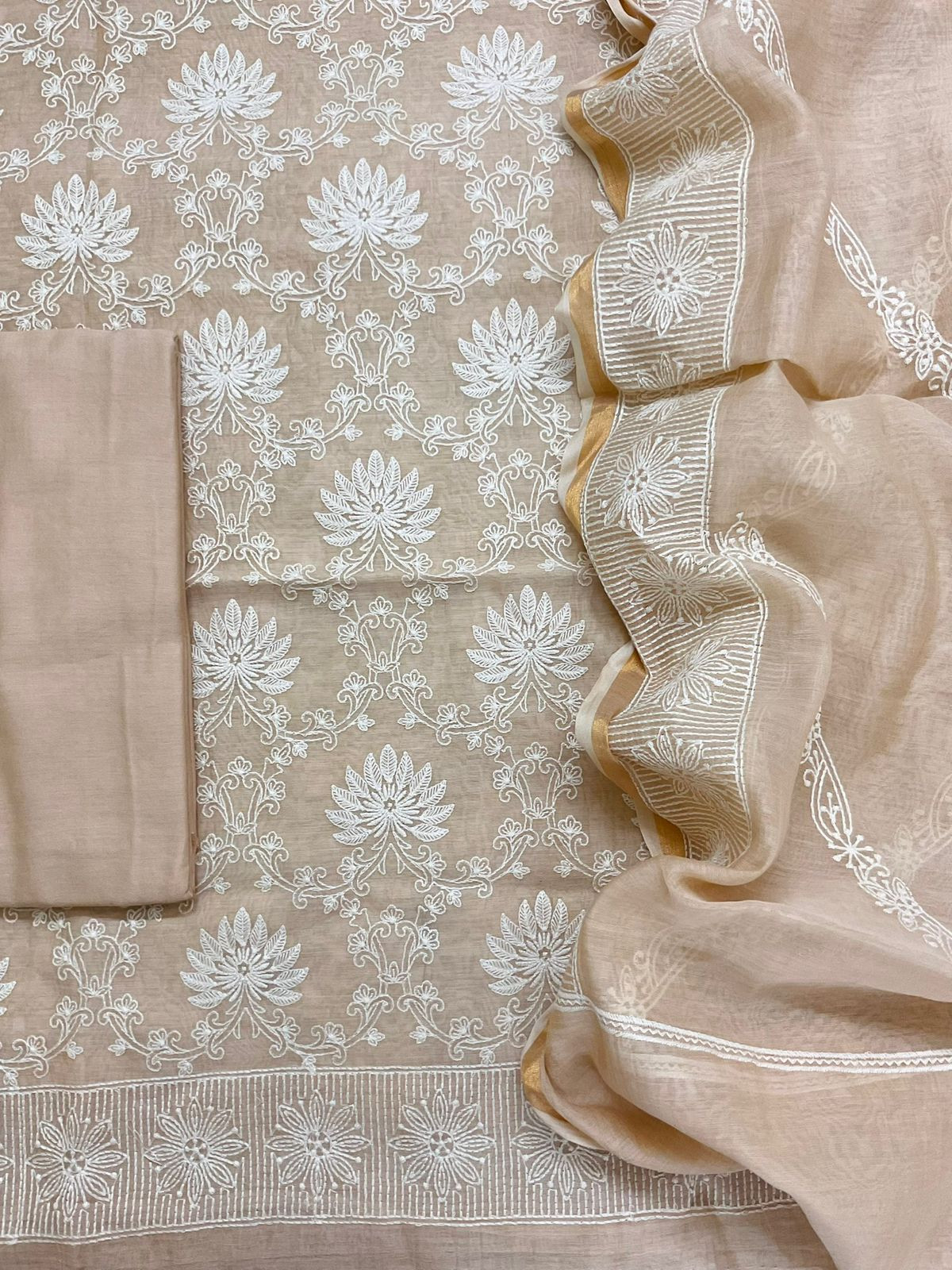 Pure Mul Chanderi Embroidered Suit - Beige