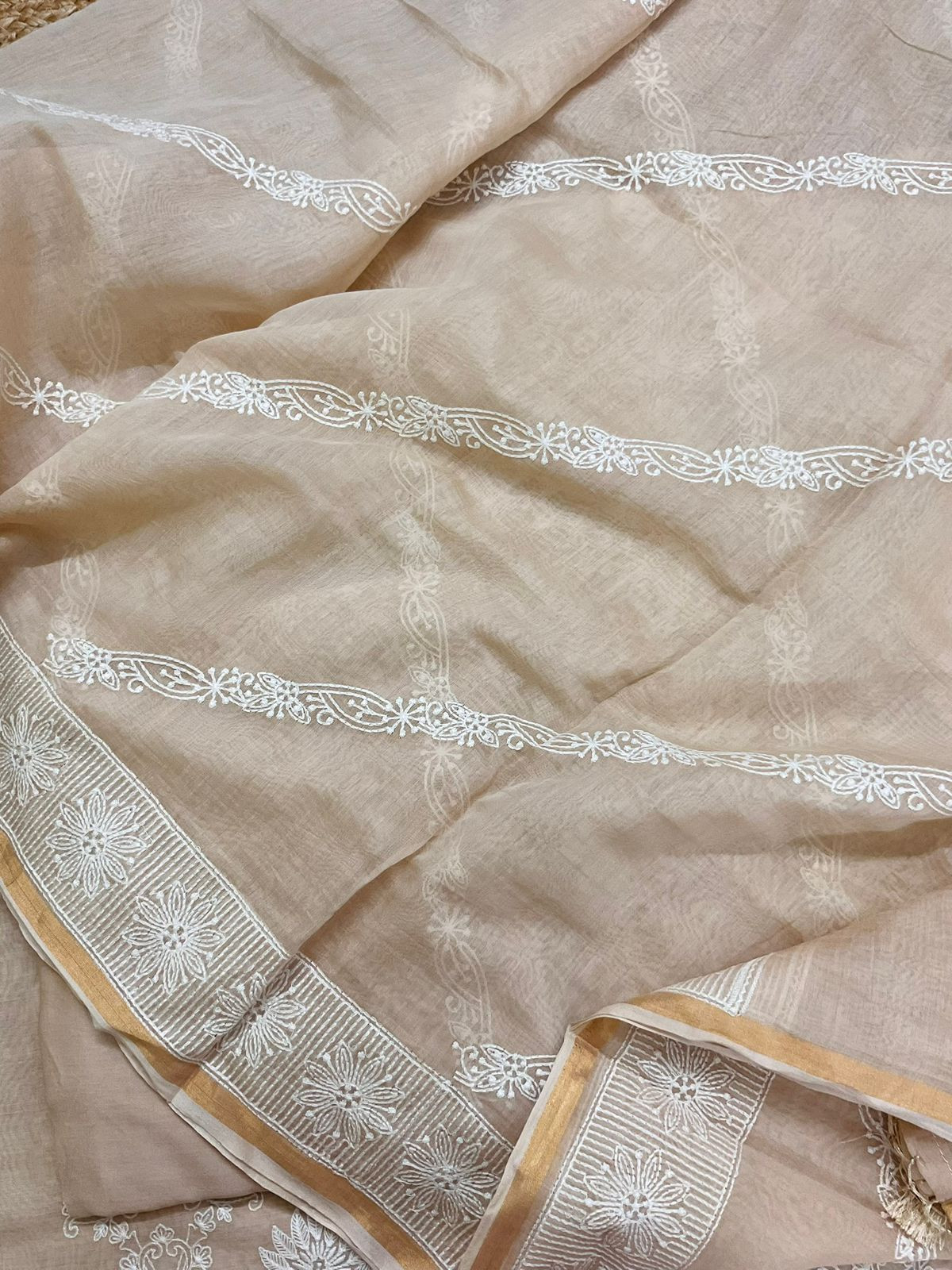 Pure Mul Chanderi Embroidered Suit - Beige