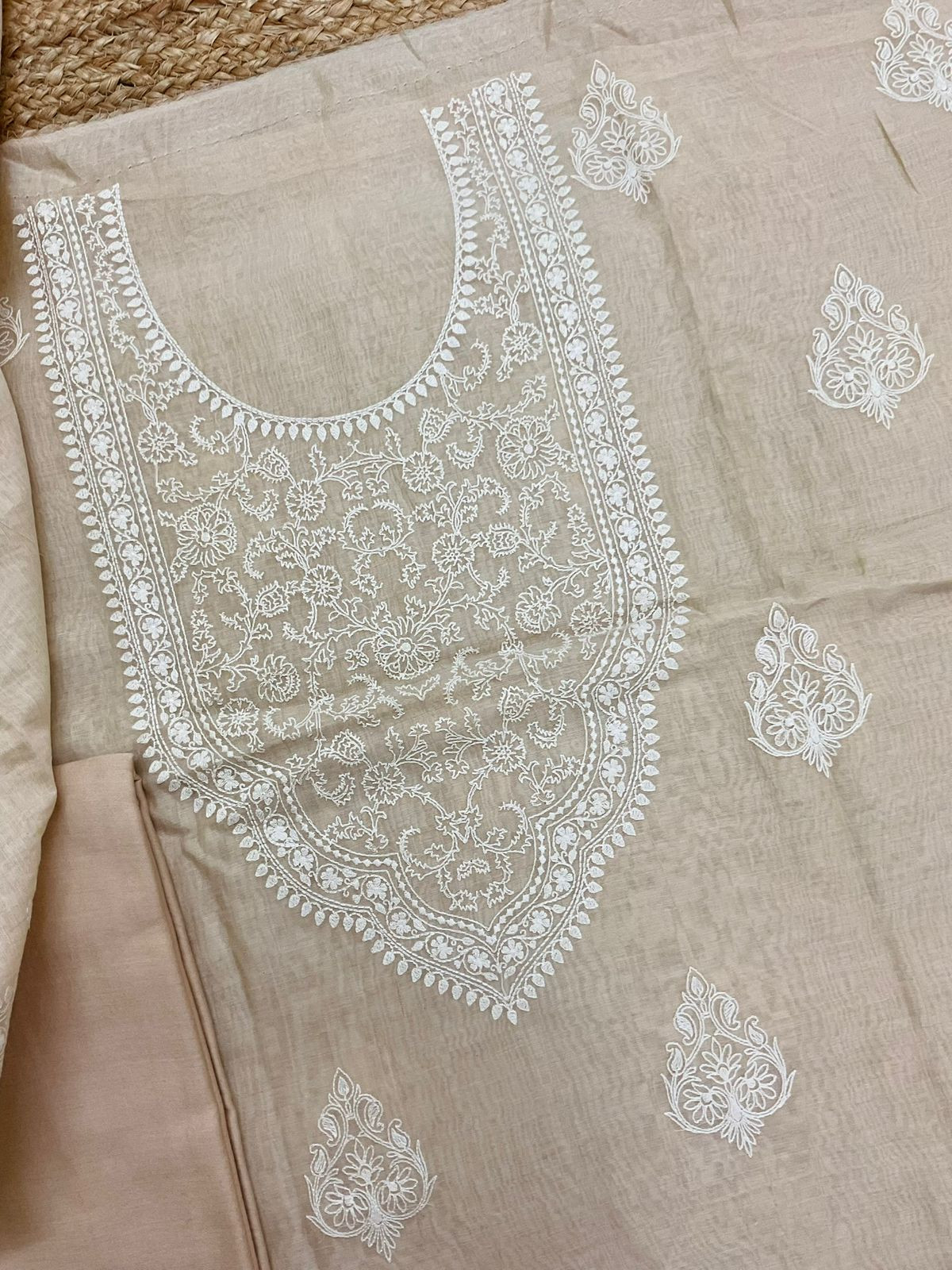 Pure Mul Chanderi Embroidered Suit - Beige
