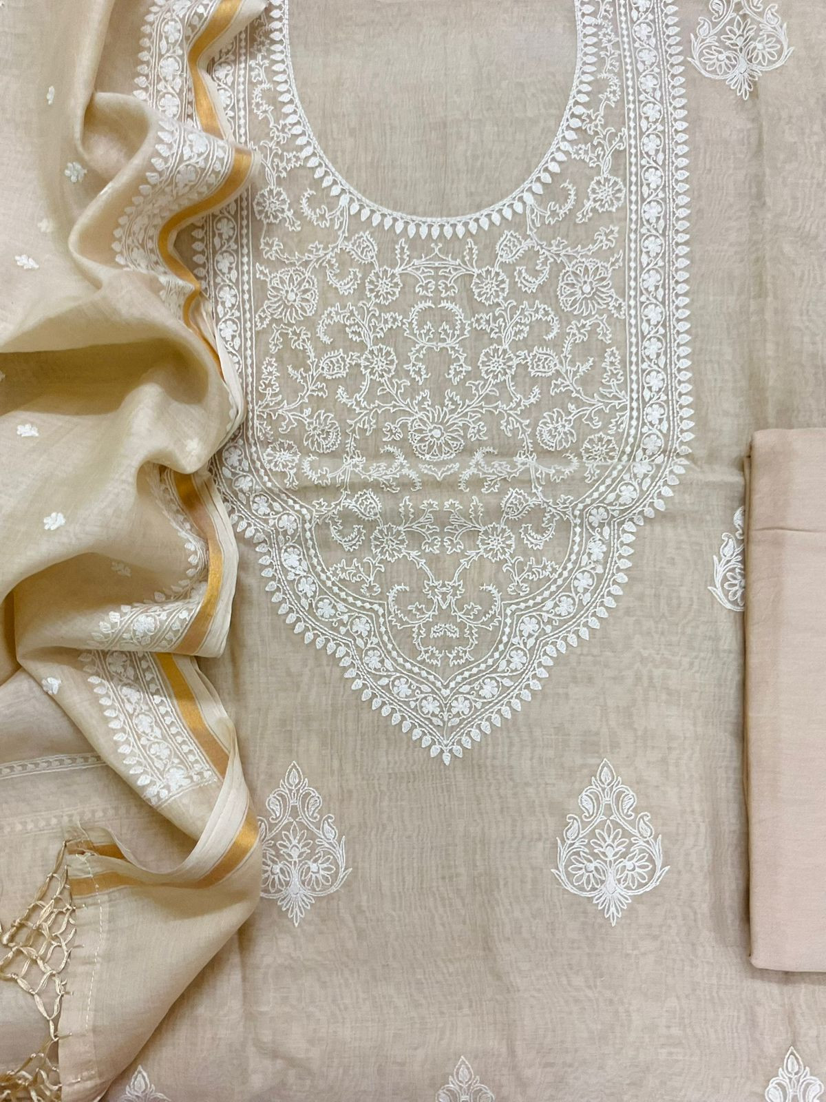 Pure Mul Chanderi Embroidered Suit - Beige