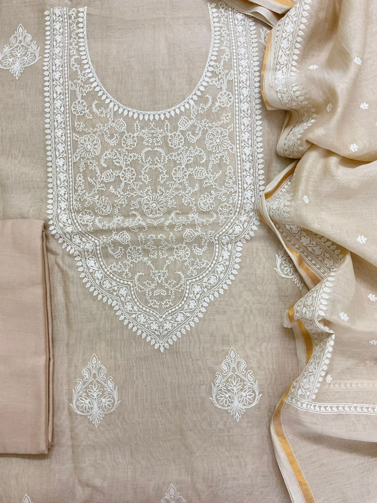 Pure Mul Chanderi Embroidered Suit - Beige