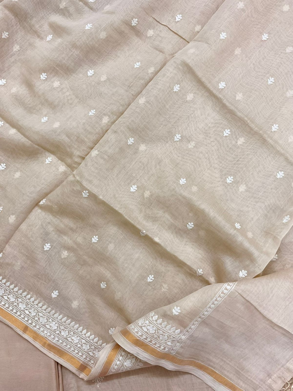 Pure Mul Chanderi Embroidered Suit - Beige