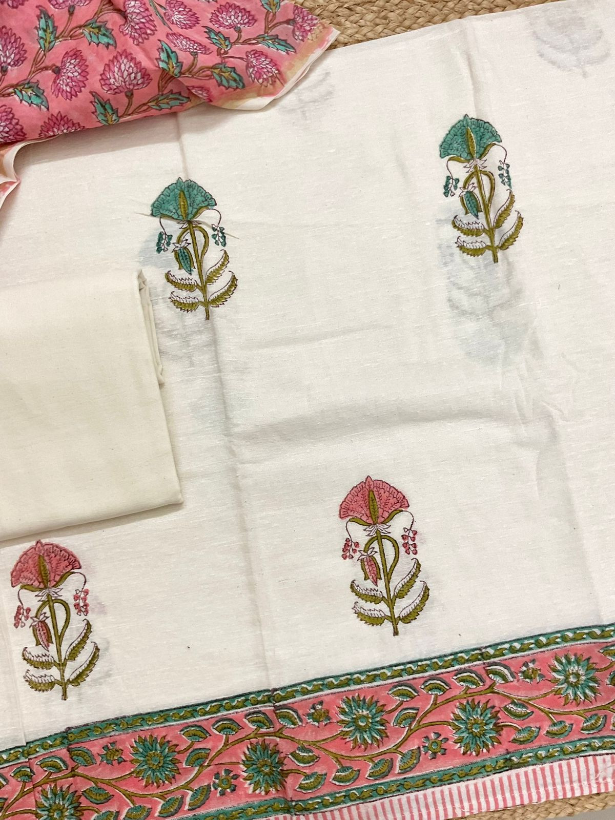 Pure Linen Slub Cotton Printed Suit - Off White