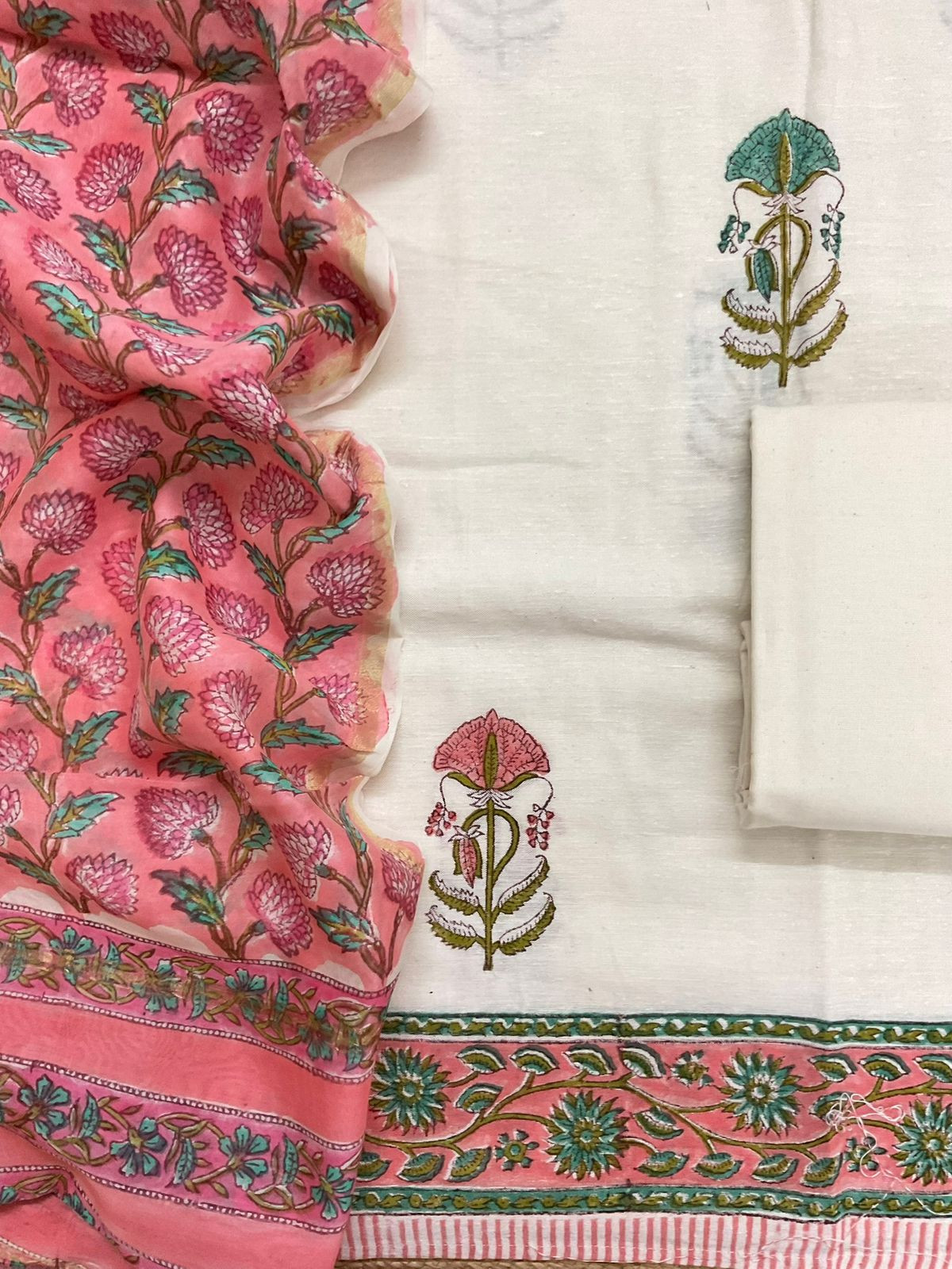 Pure Linen Slub Cotton Printed Suit - Off White