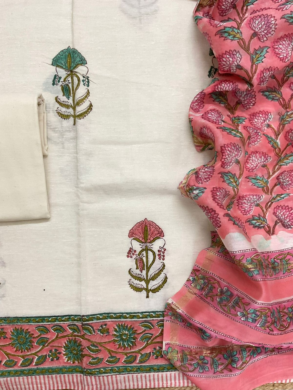 Pure Linen Slub Cotton Printed Suit - Off White