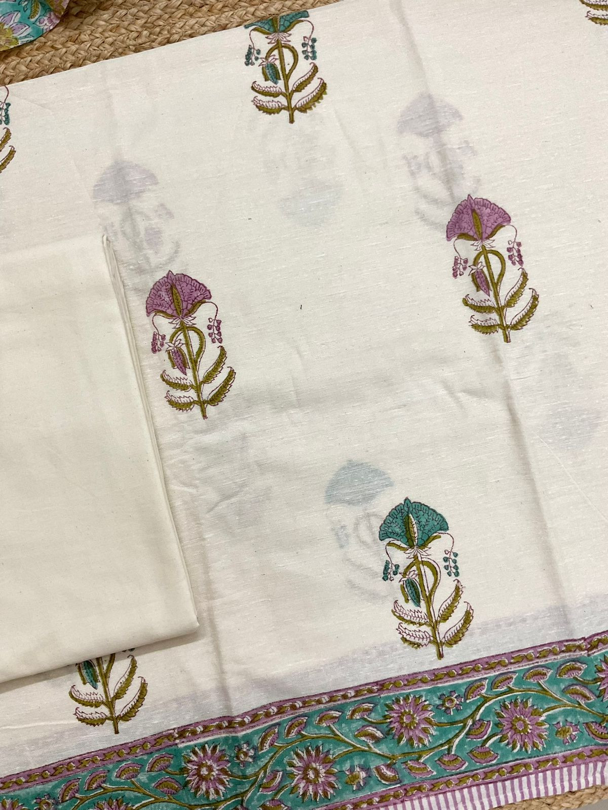 Pure Linen Slub Cotton Printed Suit - Off White