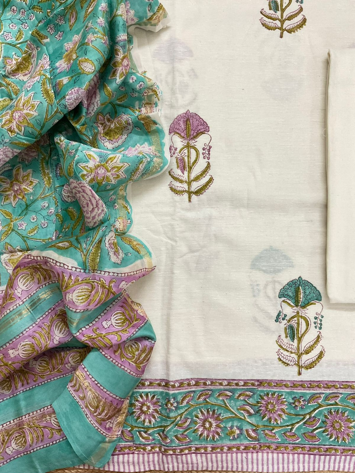 Pure Linen Slub Cotton Printed Suit - Off White