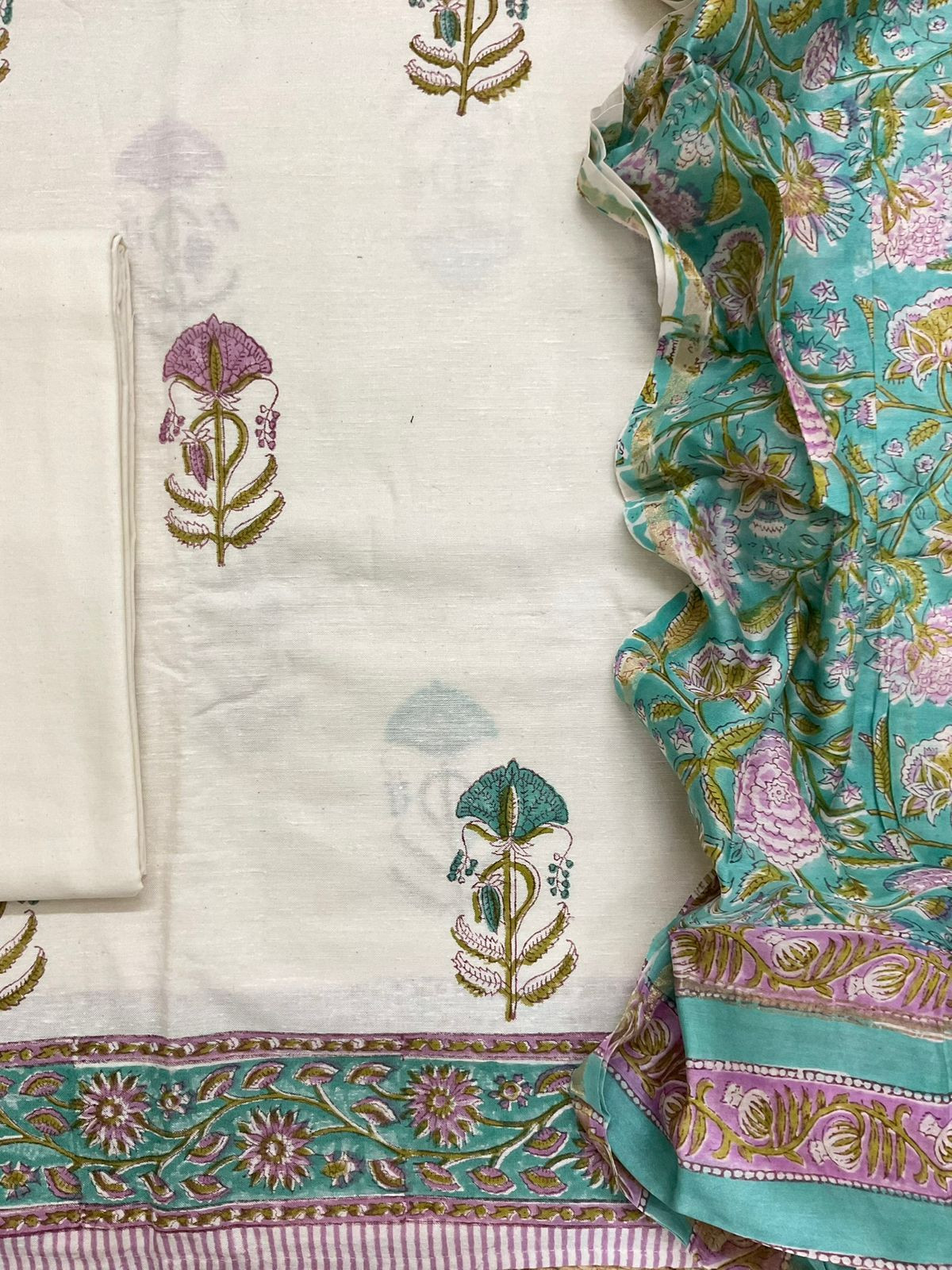 Pure Linen Slub Cotton Printed Suit - Off White