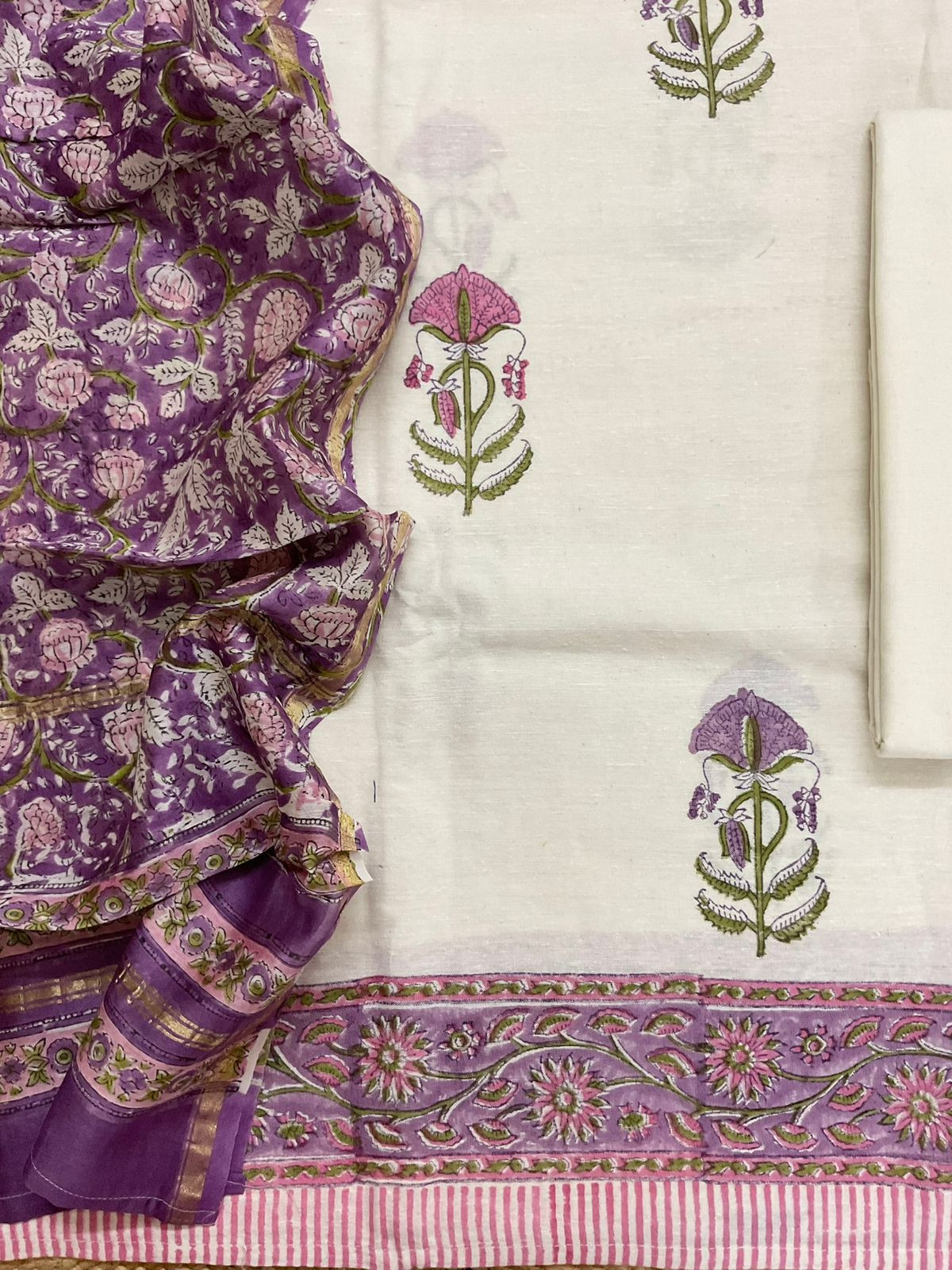Pure Linen Slub Cotton Printed Suit - Off White