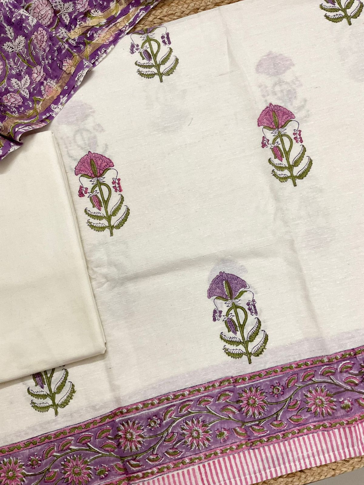 Pure Linen Slub Cotton Printed Suit - Off White