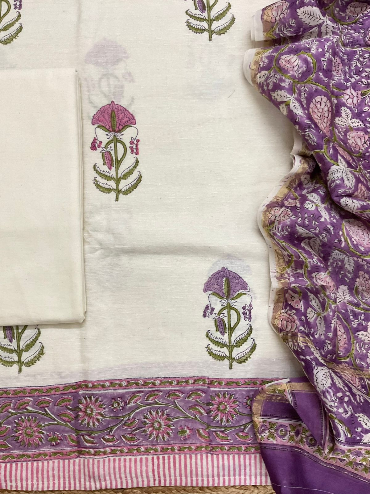 Pure Linen Slub Cotton Printed Suit - Off White