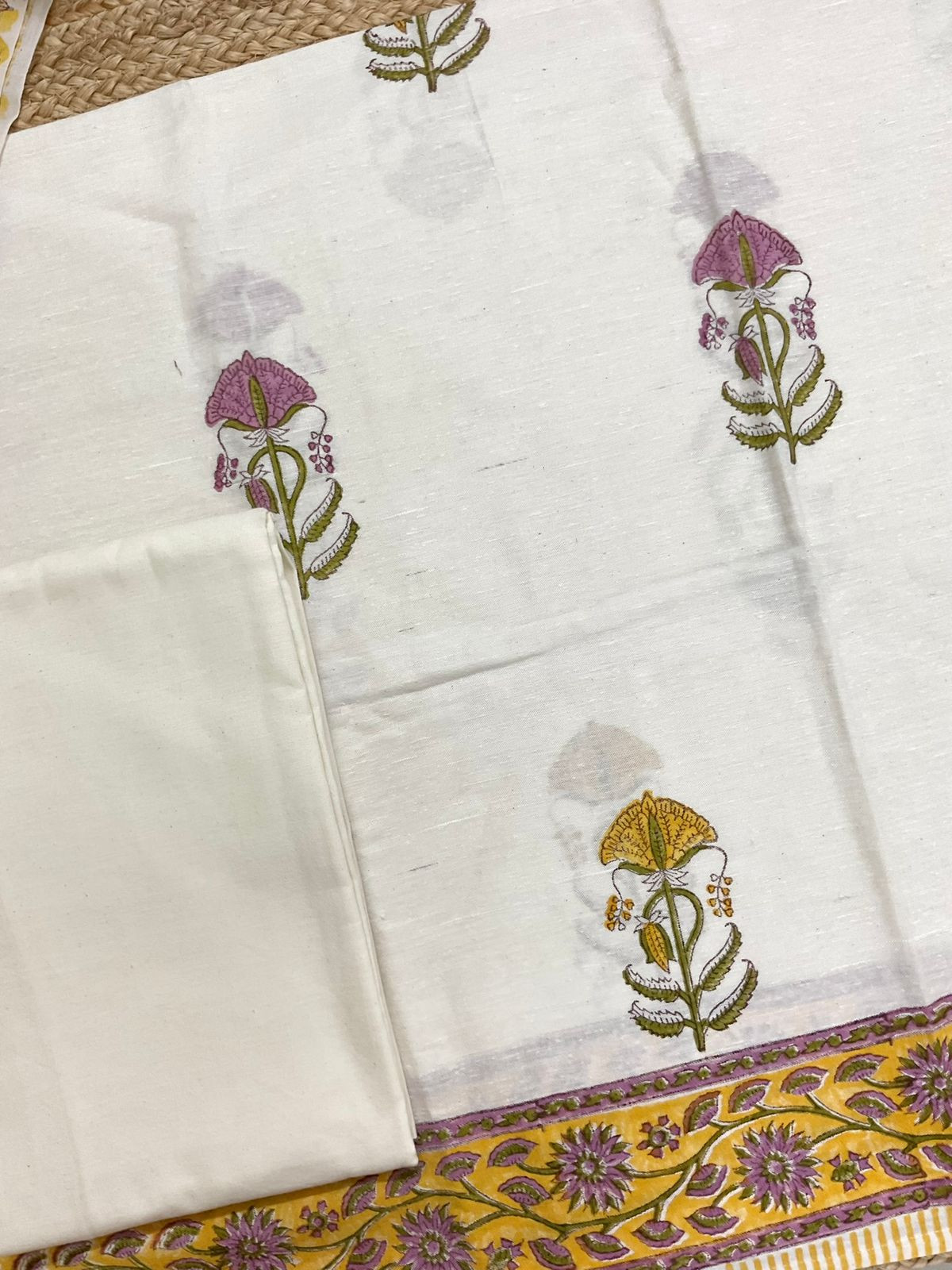 Pure Linen Slub Cotton Printed Suit - Off White