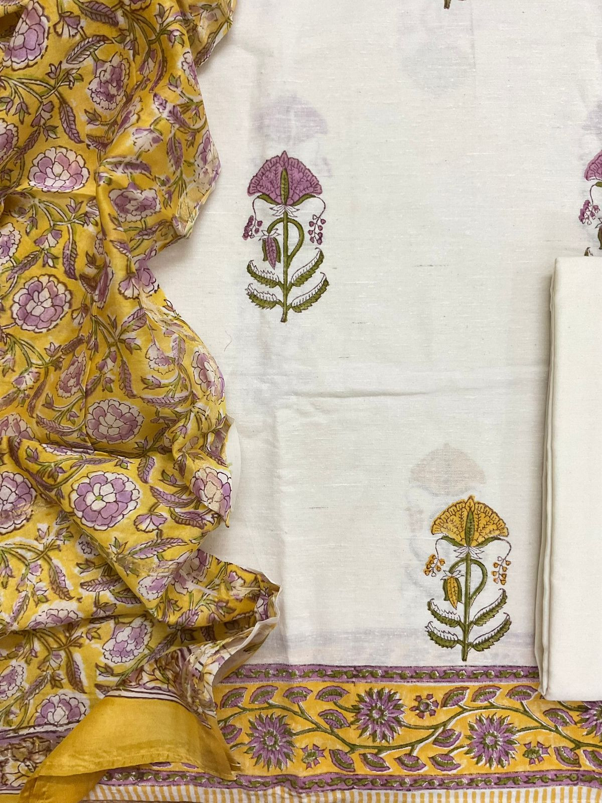 Pure Linen Slub Cotton Printed Suit - Off White