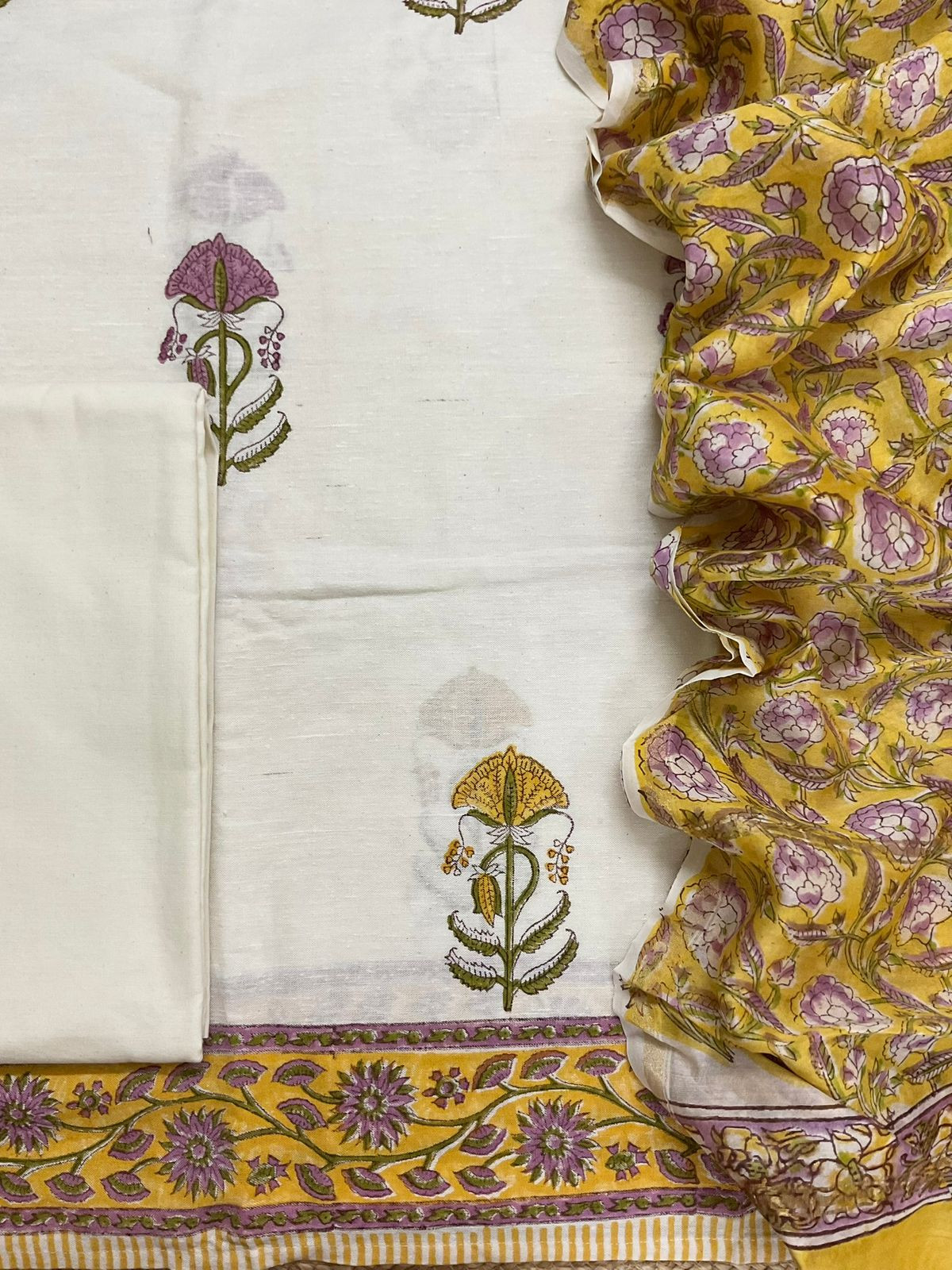 Pure Linen Slub Cotton Printed Suit - Off White