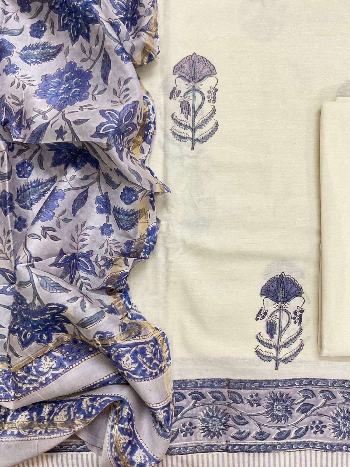 Pure Linen Slub Cotton Printed Suit - Off White