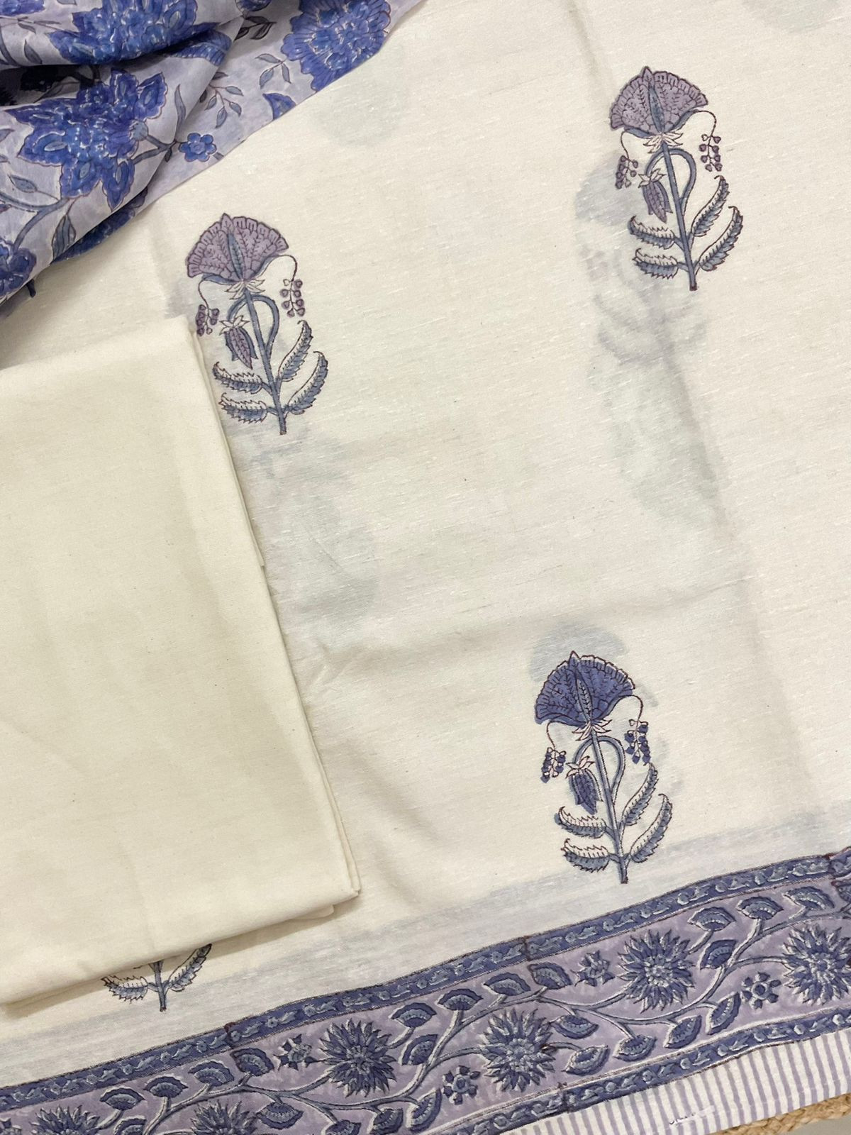 Pure Linen Slub Cotton Printed Suit - Off White