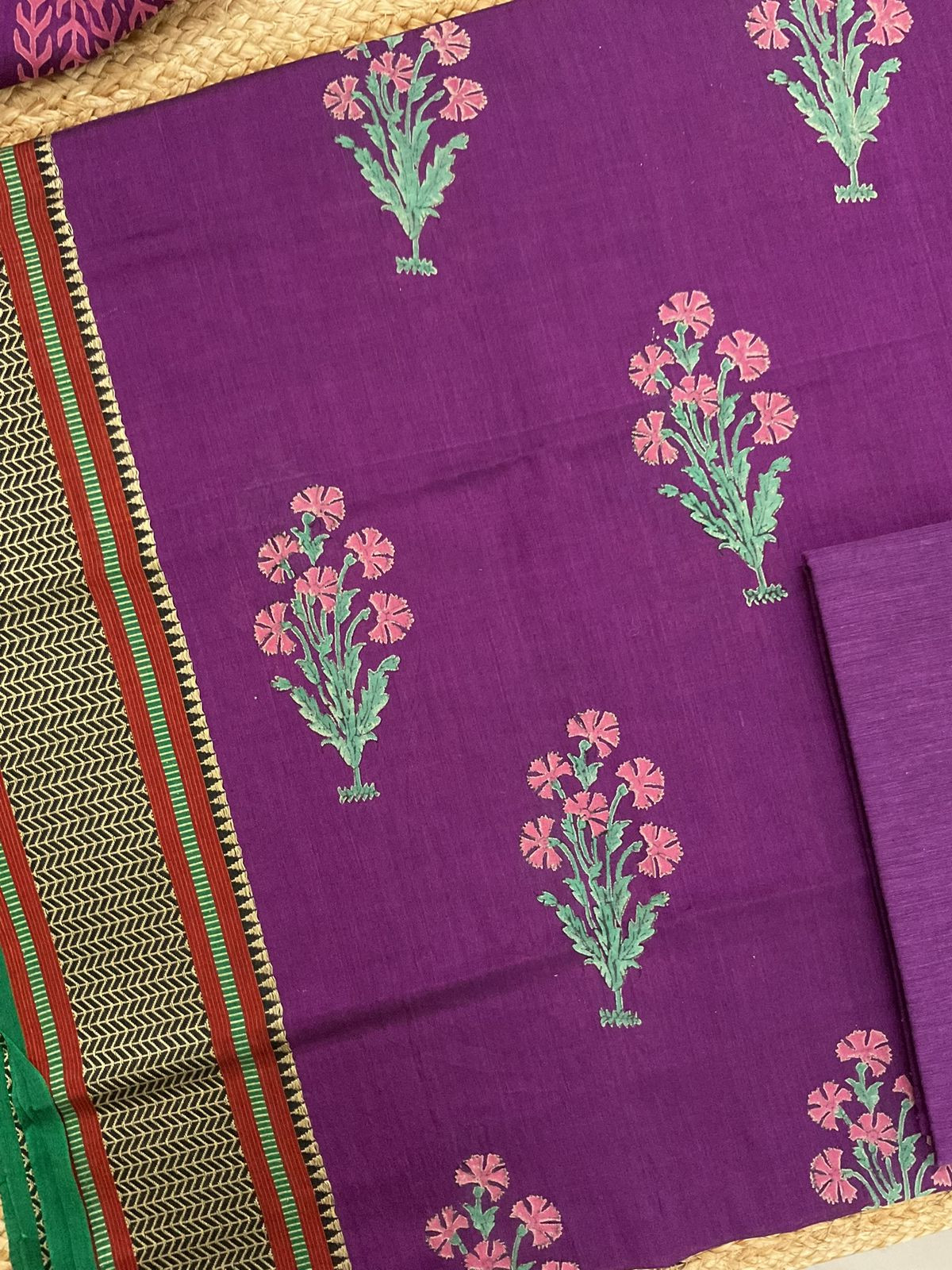 Pure Handloom Cotton Silk Block Printed Mangalgiri Border Suit - Violet