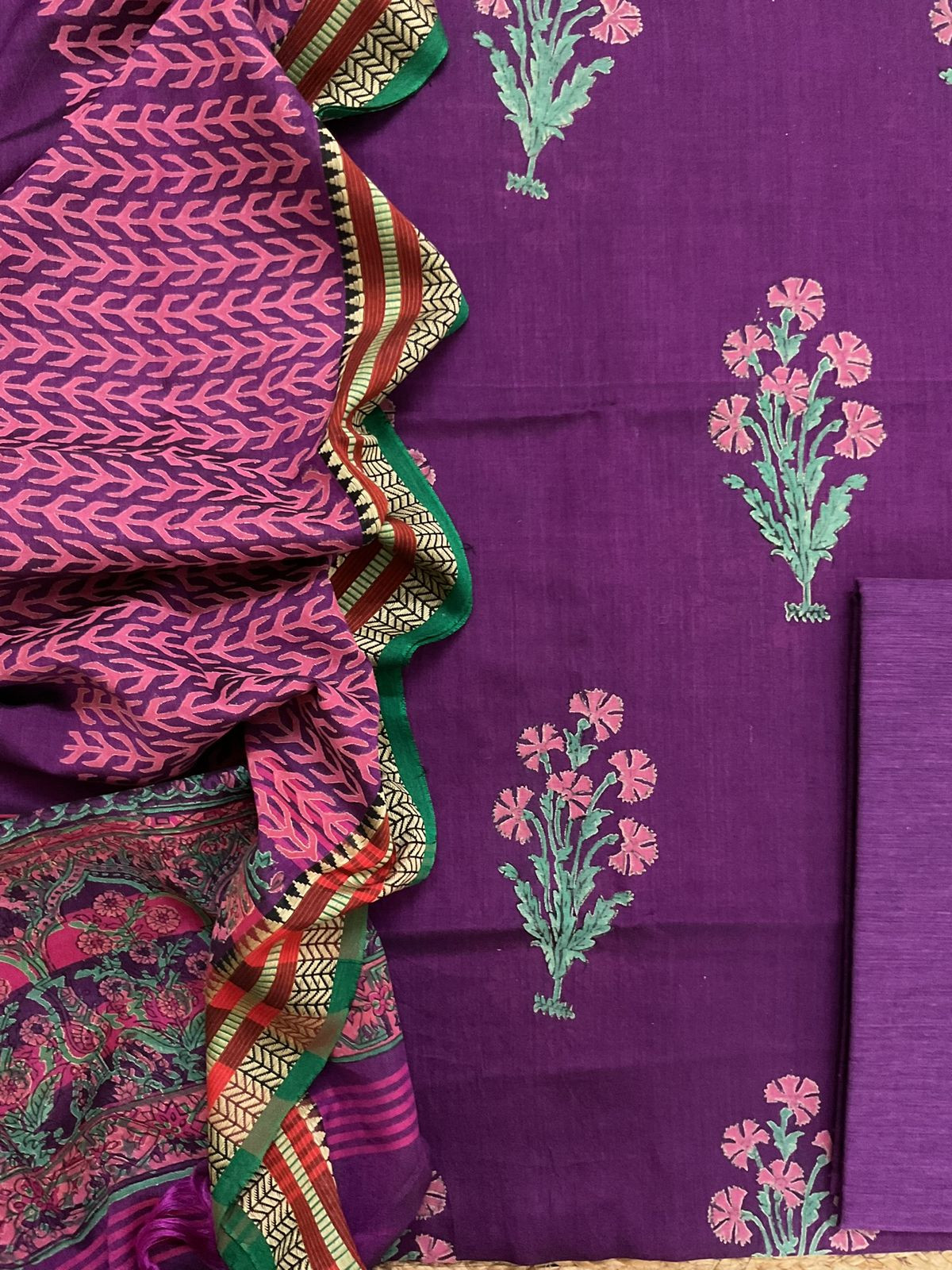 Pure Handloom Cotton Silk Block Printed Mangalgiri Border Suit - Violet