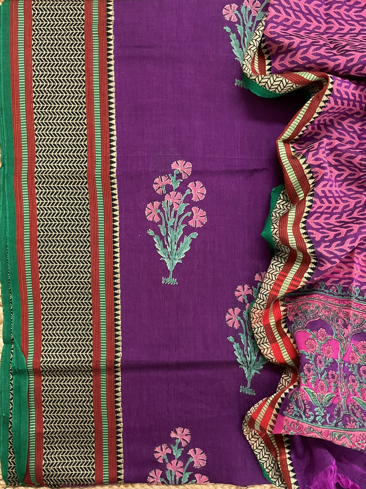 Pure Handloom Cotton Silk Block Printed Mangalgiri Border Suit - Violet