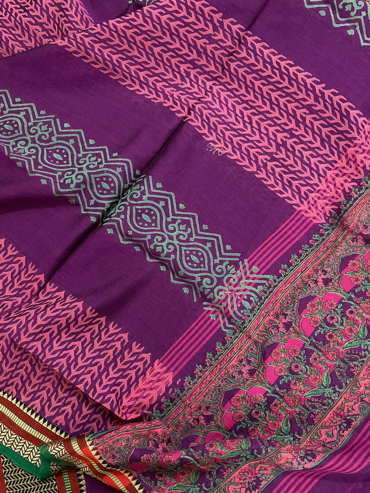 Pure Handloom Cotton Silk Block Printed Mangalgiri Border Suit - Violet