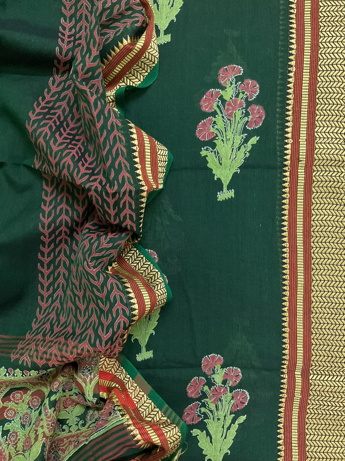 Pure Handloom Cotton Silk Block Printed Mangalgiri Border Suit - Green