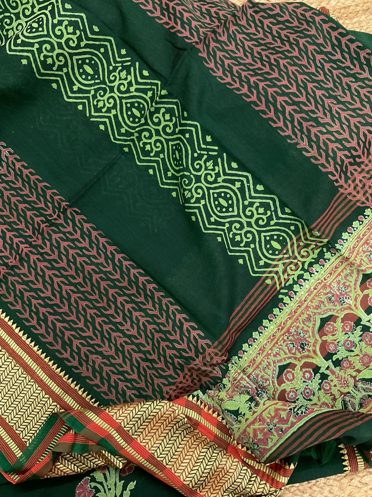 Pure Handloom Cotton Silk Block Printed Mangalgiri Border Suit - Green