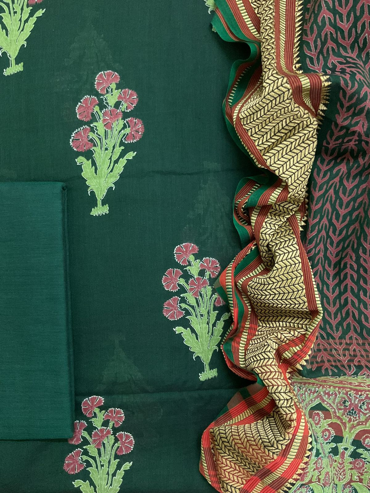 Pure Handloom Cotton Silk Block Printed Mangalgiri Border Suit - Green