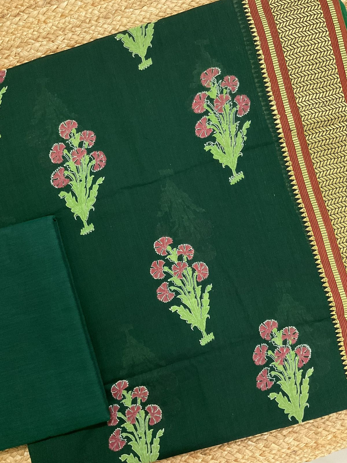 Pure Handloom Cotton Silk Block Printed Mangalgiri Border Suit - Green
