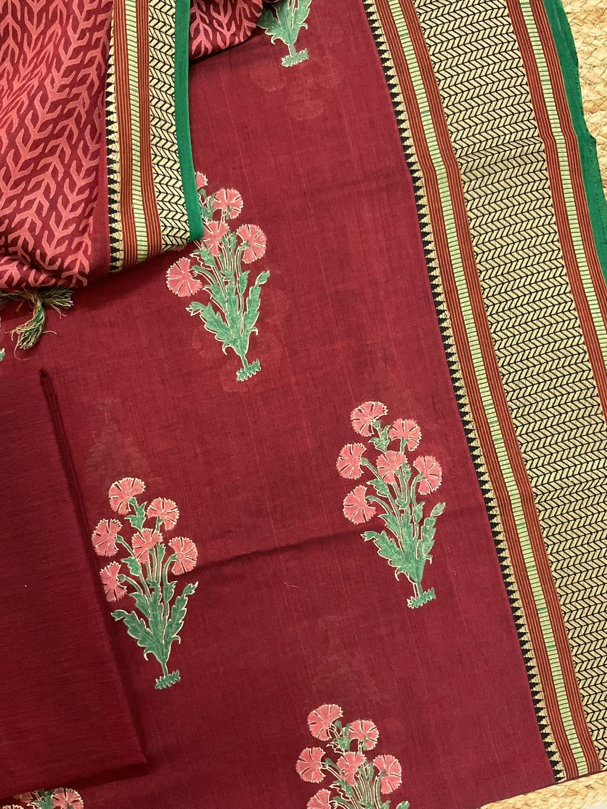 Pure Handloom Cotton Silk Block Printed Mangalgiri Border Suit - Maroon