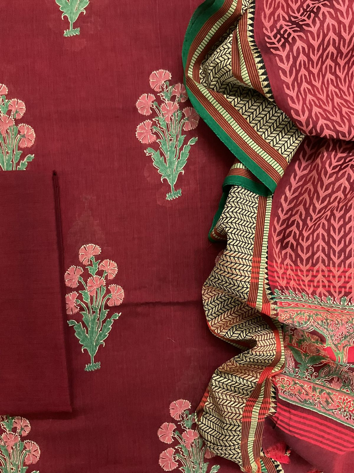 Pure Handloom Cotton Silk Block Printed Mangalgiri Border Suit - Maroon