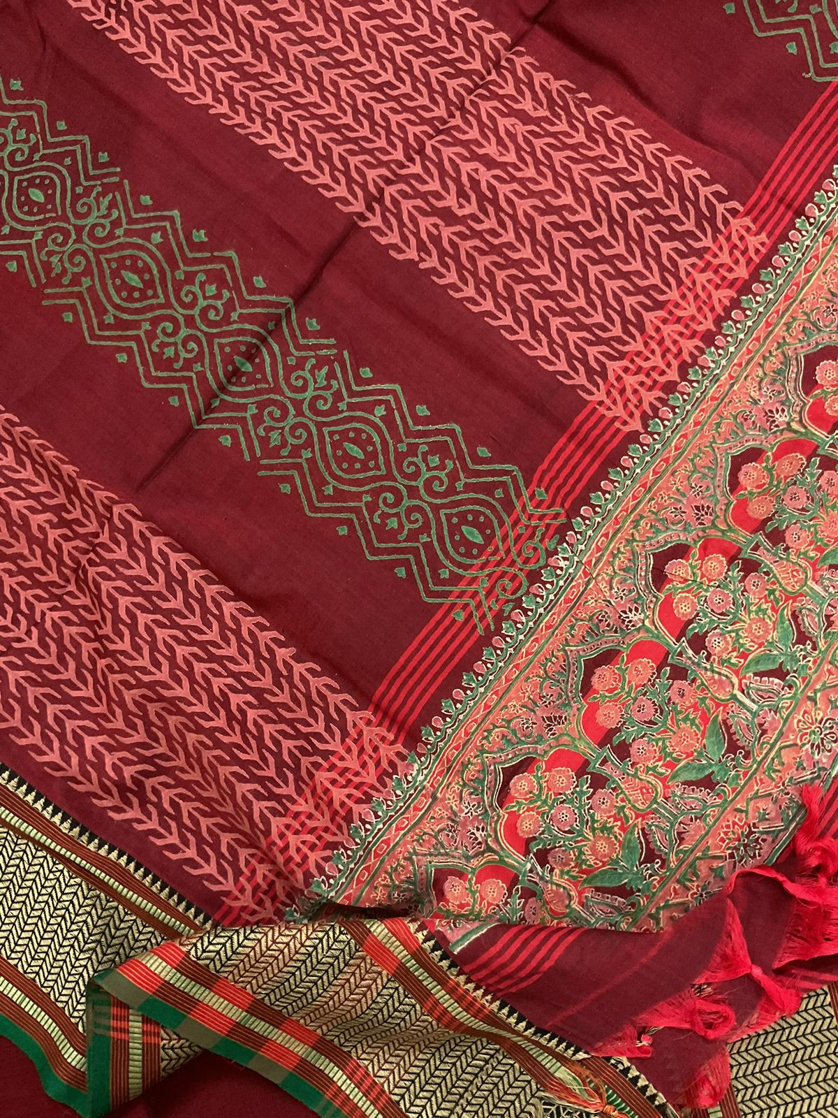 Pure Handloom Cotton Silk Block Printed Mangalgiri Border Suit - Maroon