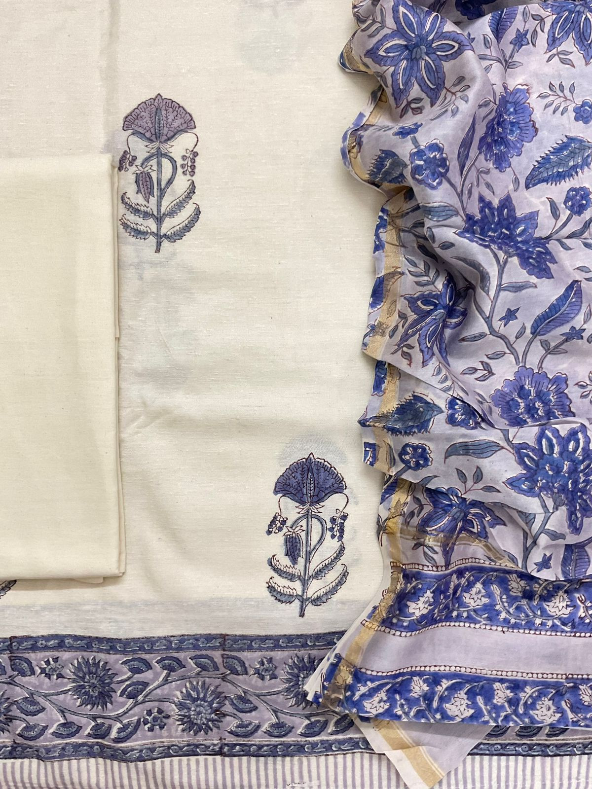 Pure Linen Slub Cotton Printed Suit - Off White