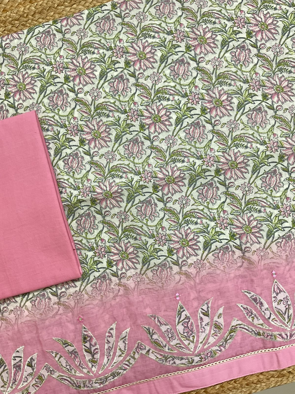 Soft Linen Jute Cotton Printed Embroidered Suit - Pink