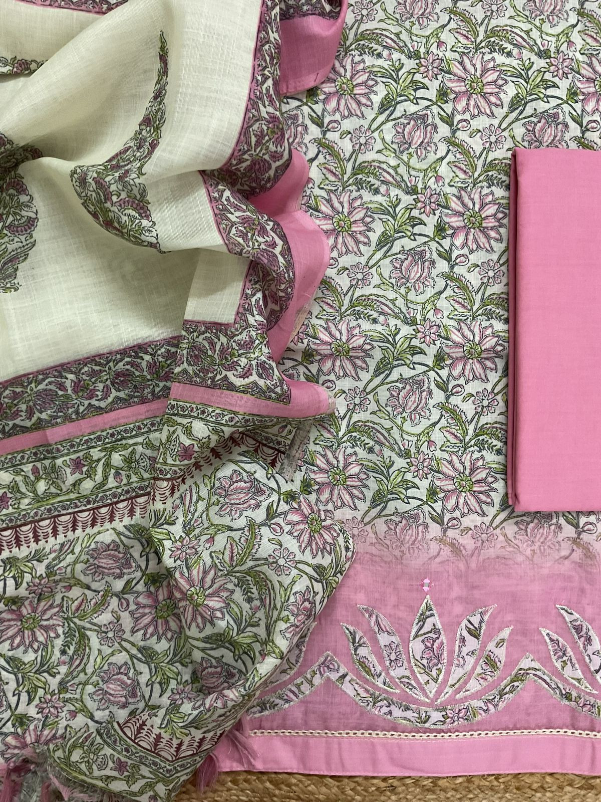 Soft Linen Jute Cotton Printed Embroidered Suit - Pink