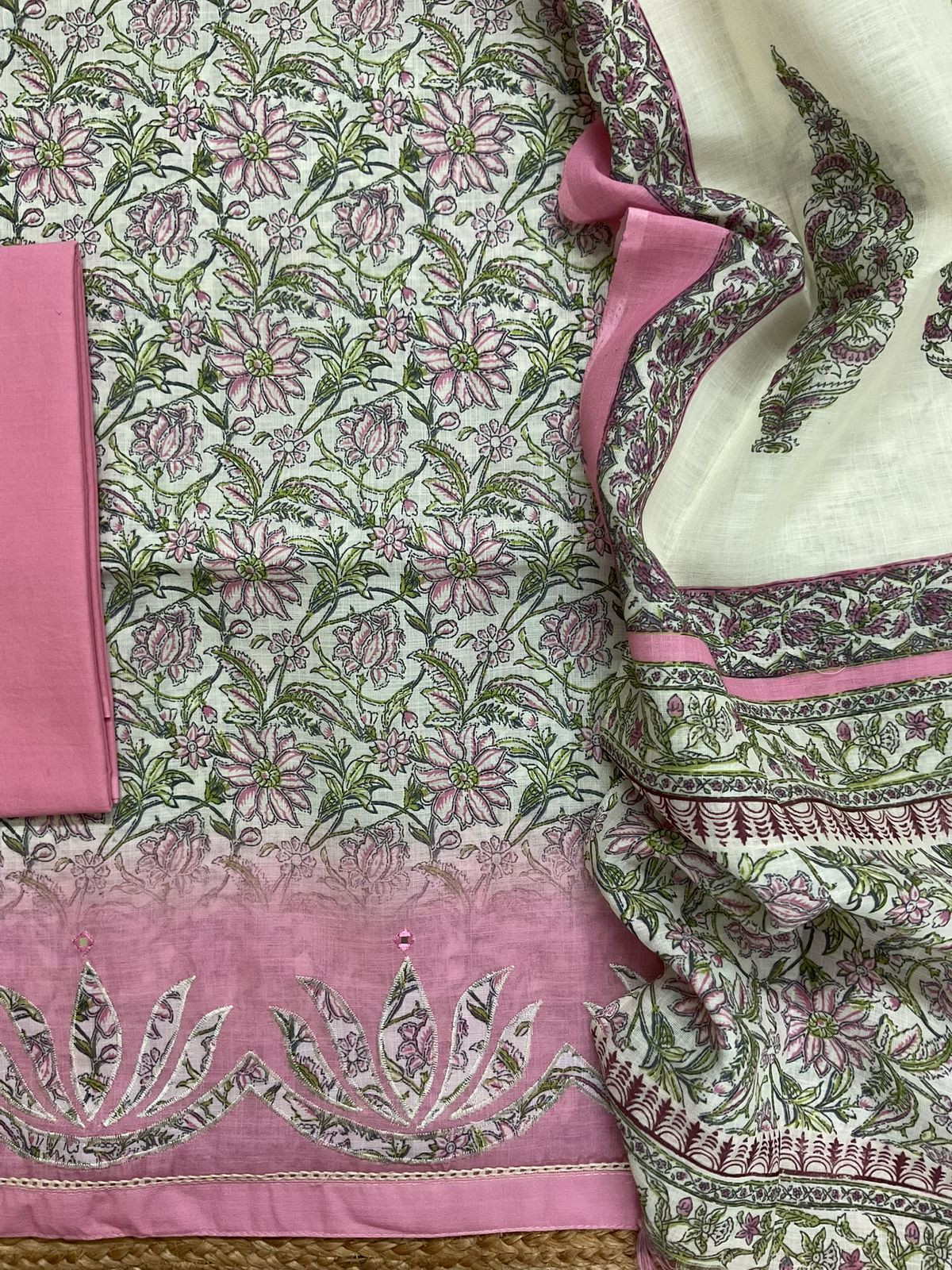 Soft Linen Jute Cotton Printed Embroidered Suit - Pink