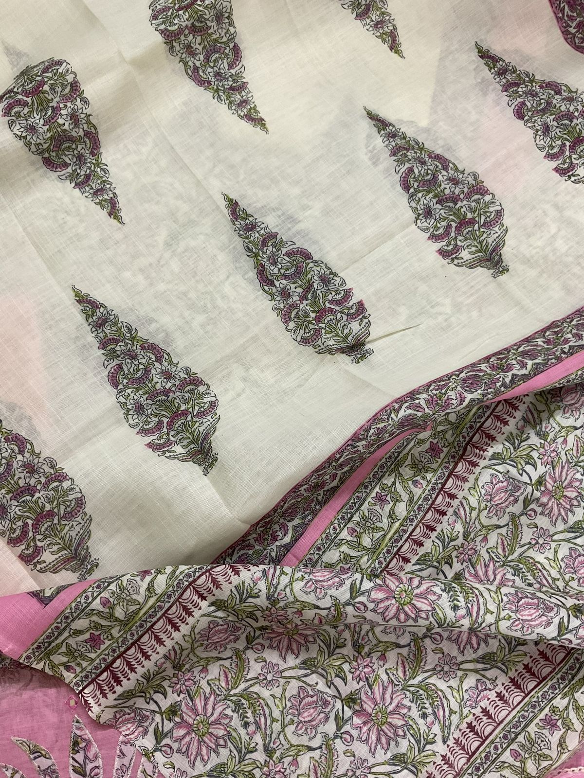 Soft Linen Jute Cotton Printed Embroidered Suit - Pink