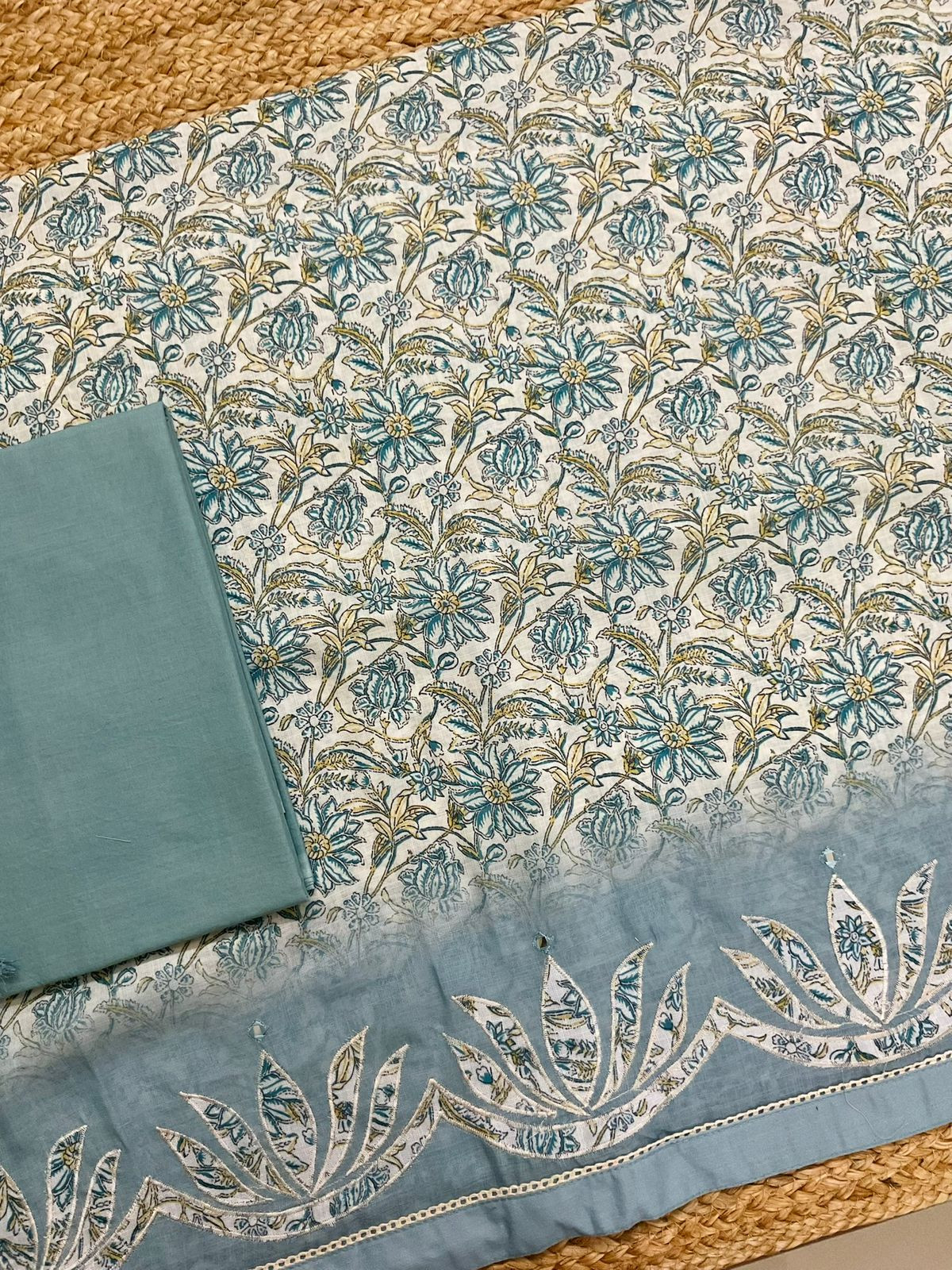 Soft Linen Jute Cotton Printed Embroidered Suit - Grey