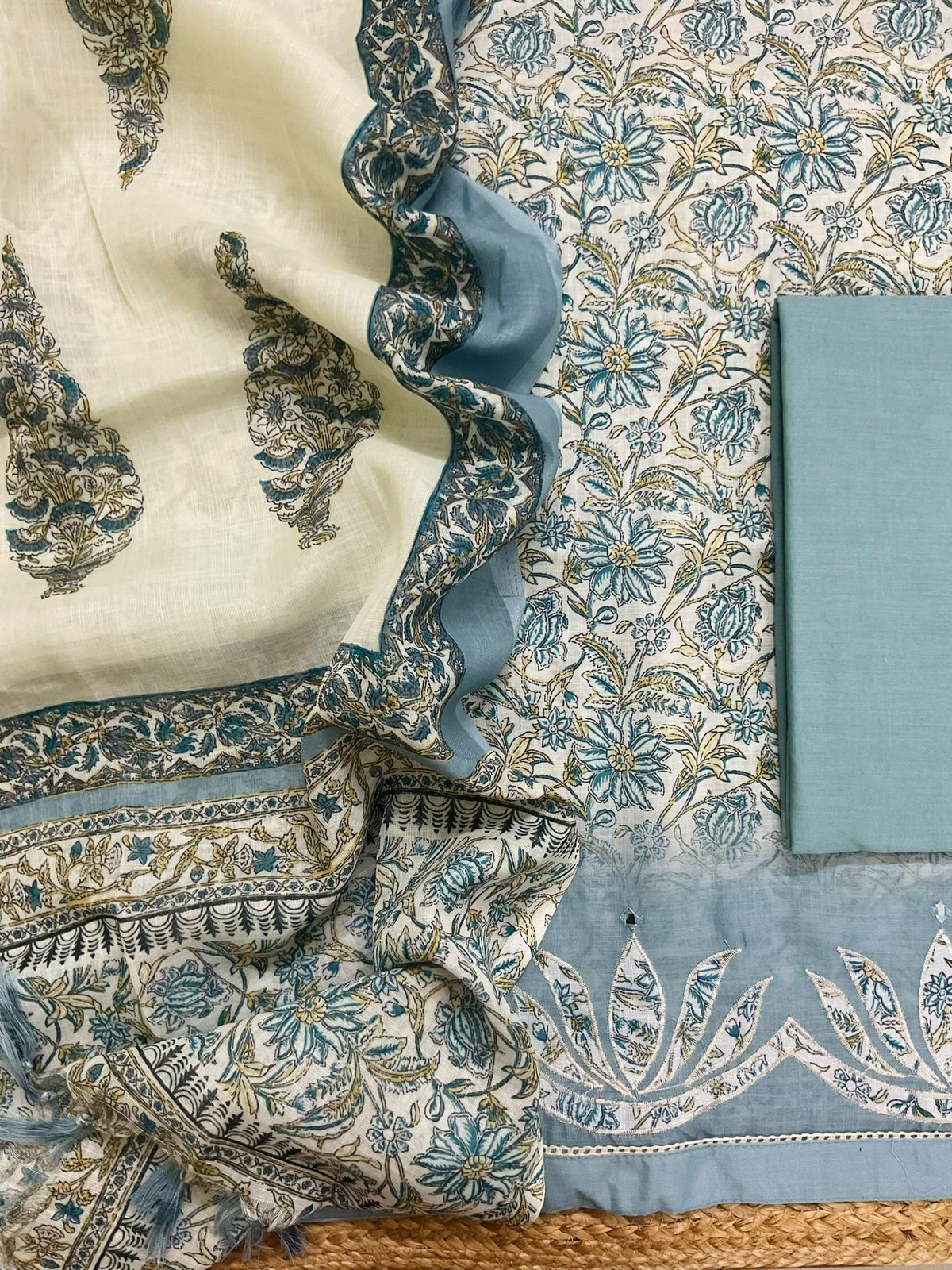 Soft Linen Jute Cotton Printed Embroidered Suit - Grey