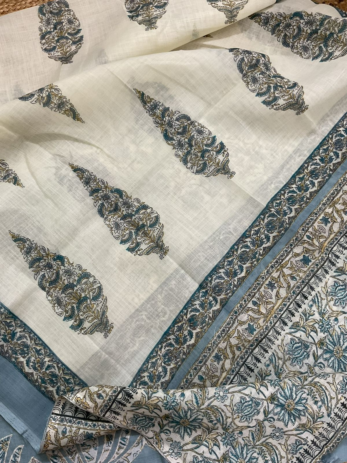 Soft Linen Jute Cotton Printed Embroidered Suit - Grey