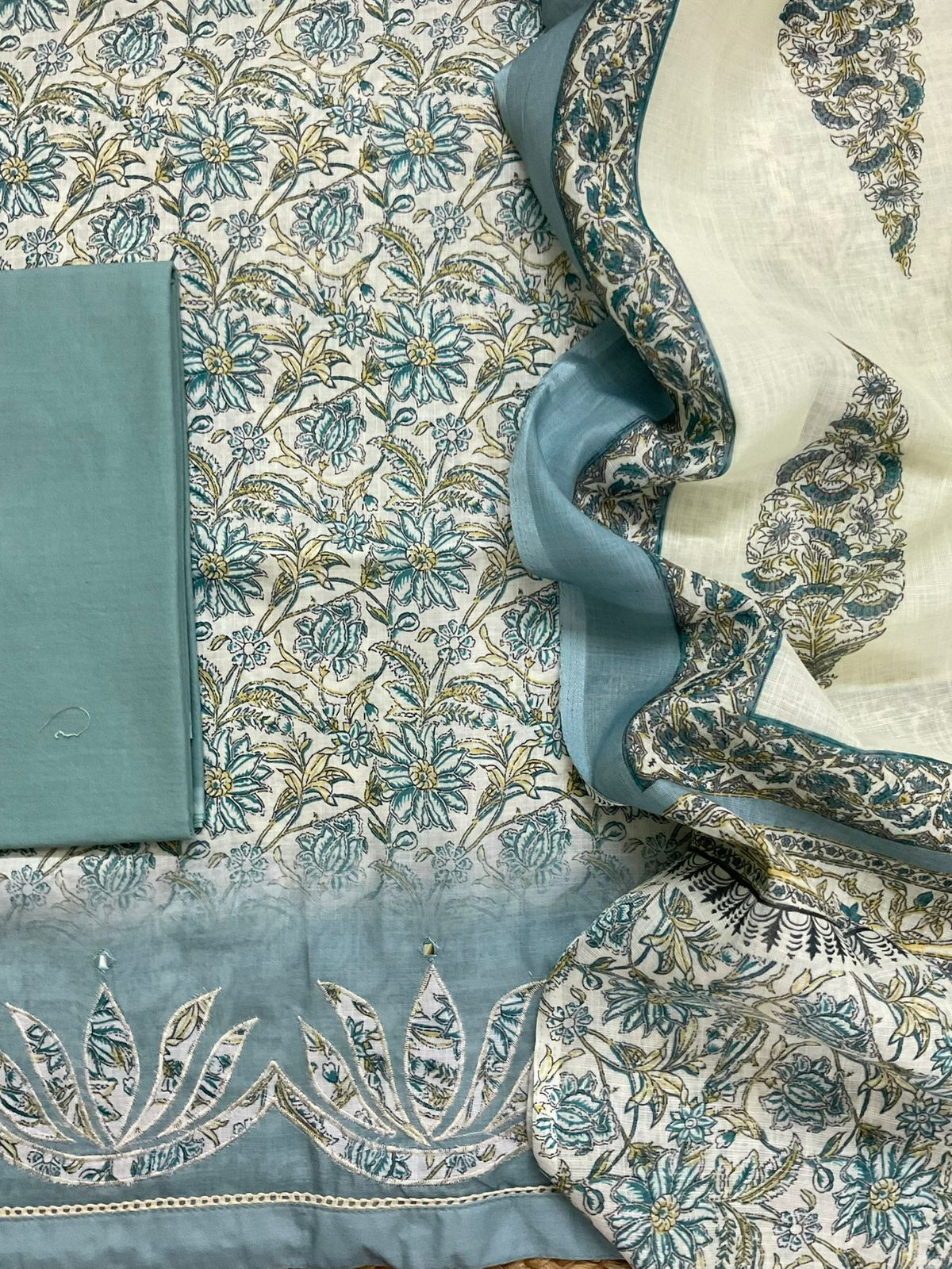 Soft Linen Jute Cotton Printed Embroidered Suit - Grey