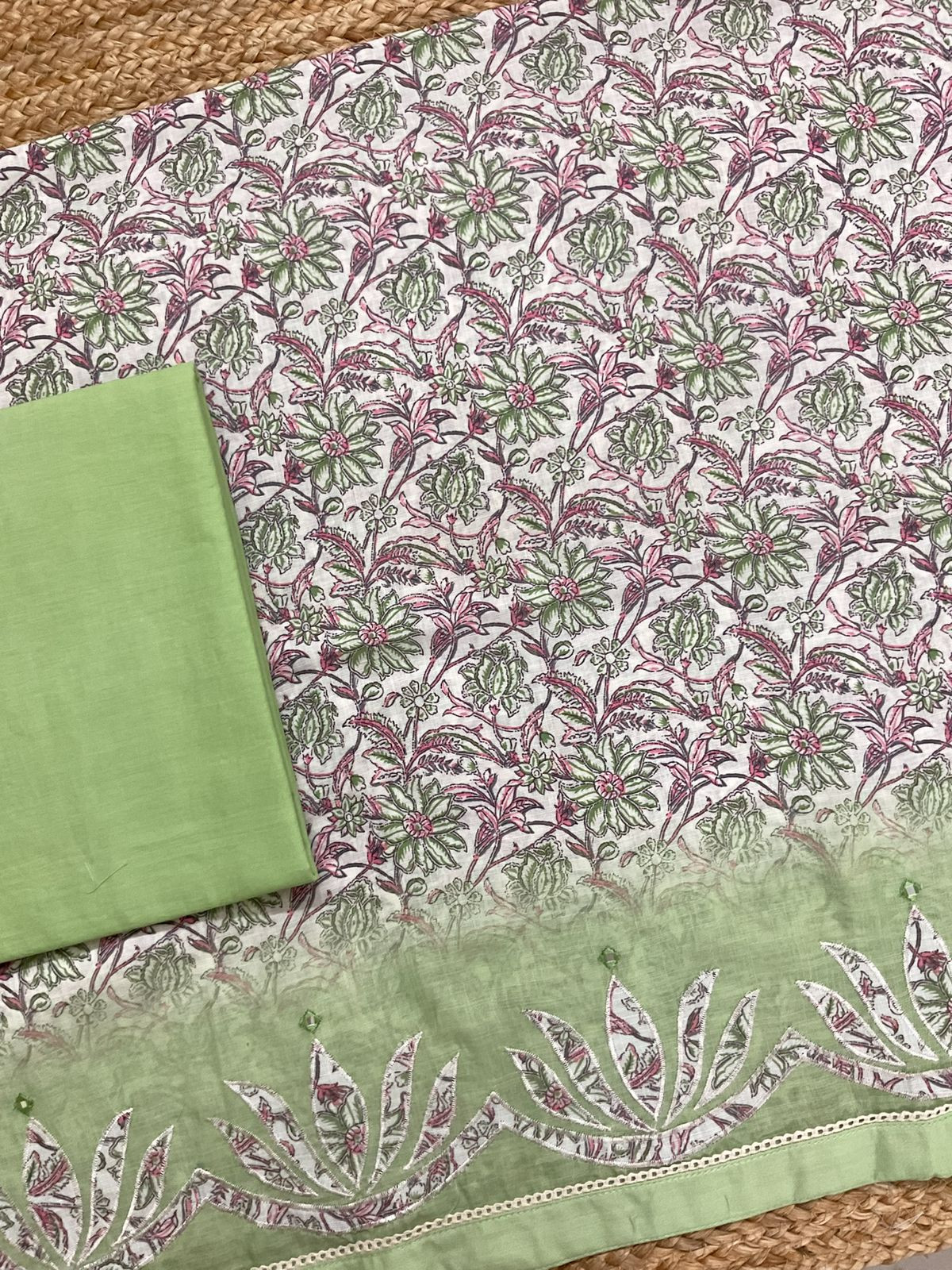 Soft Linen Jute Cotton Printed Embroidered Suit - Green