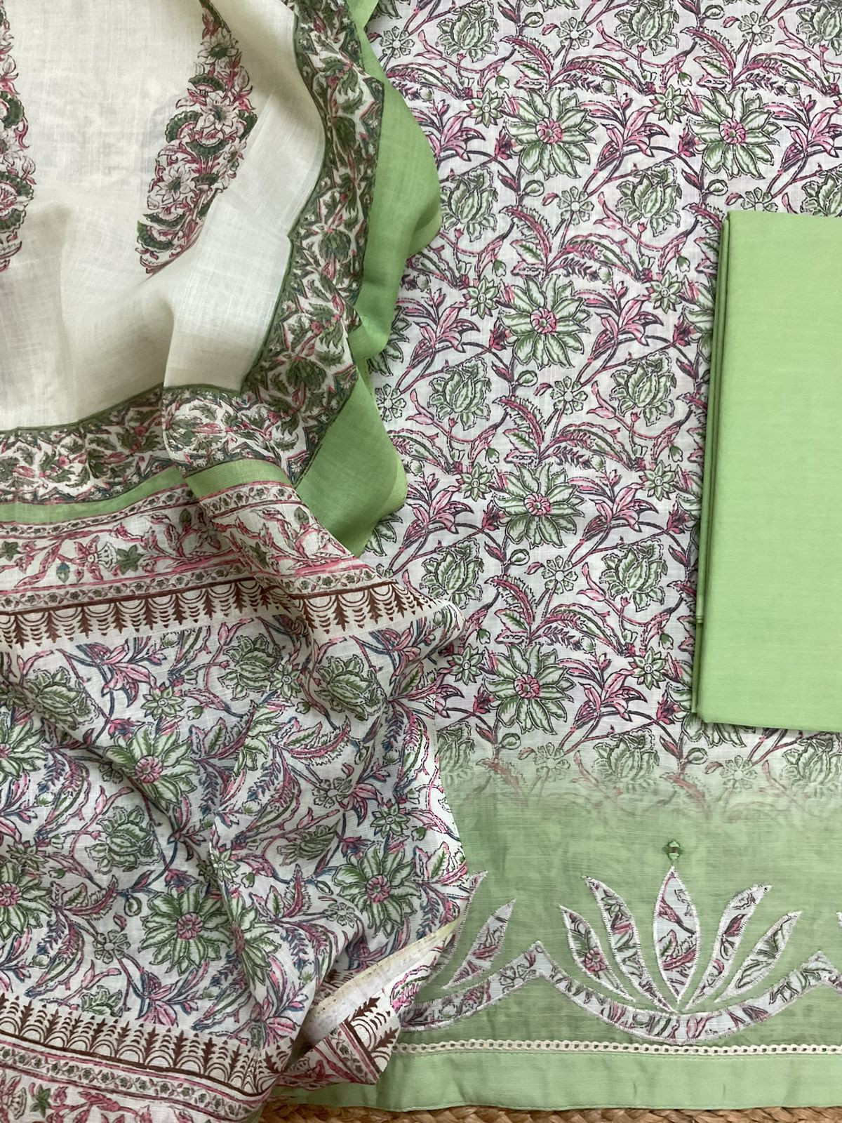 Soft Linen Jute Cotton Printed Embroidered Suit - Green