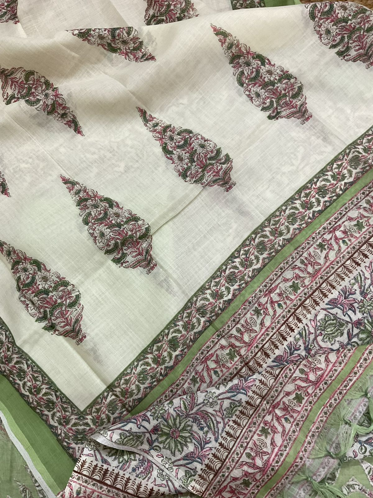 Soft Linen Jute Cotton Printed Embroidered Suit - Green