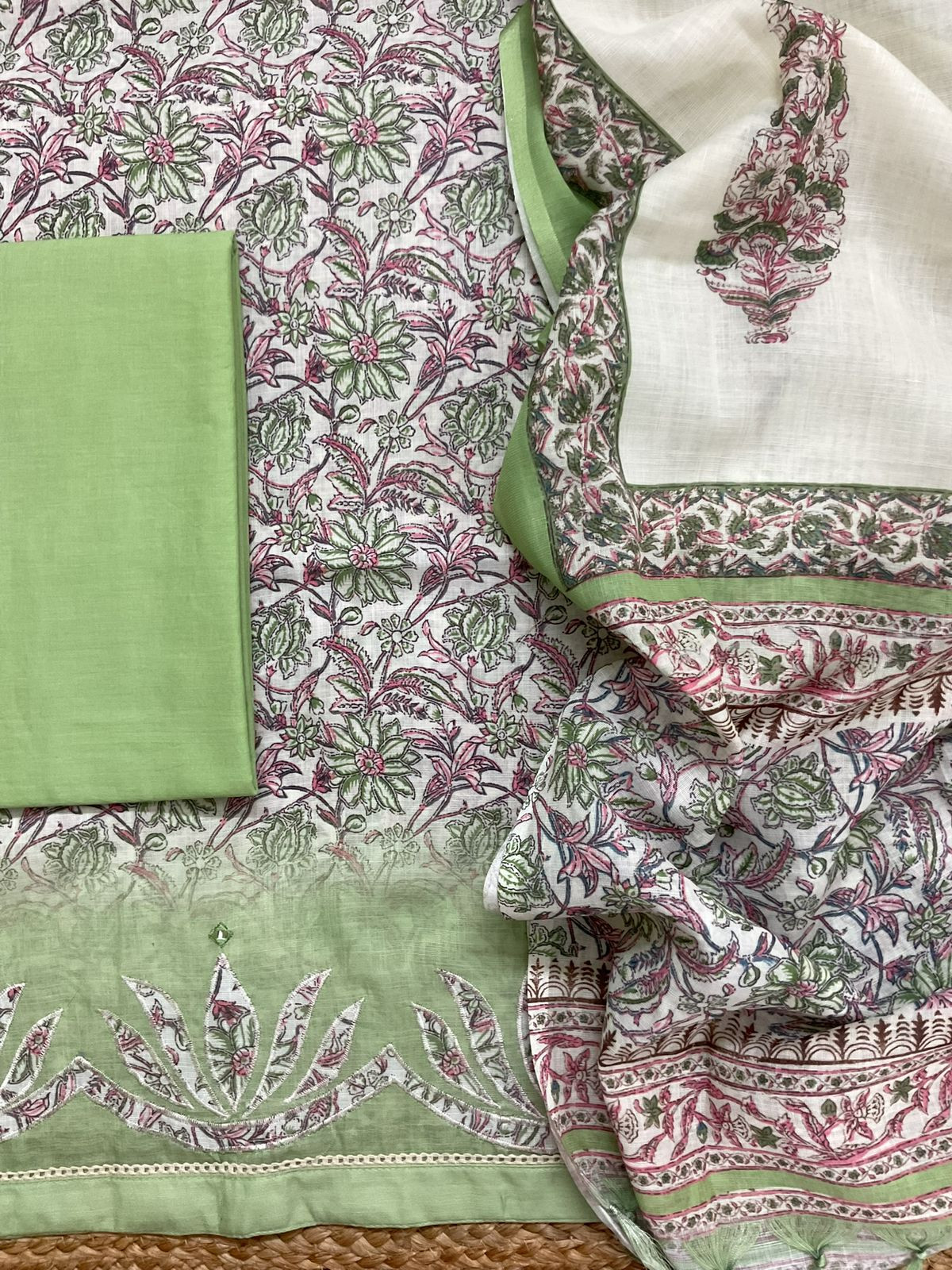 Soft Linen Jute Cotton Printed Embroidered Suit - Green