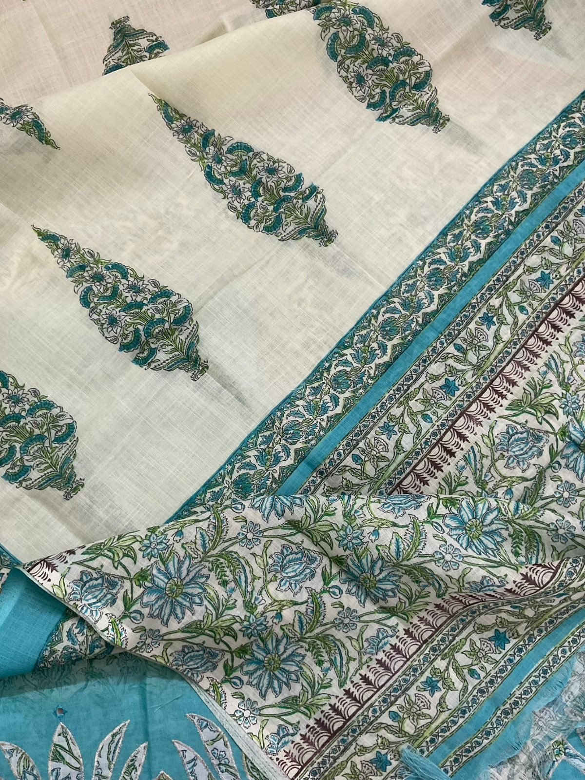 Soft Linen Jute Cotton Printed Embroidered Suit - Blue