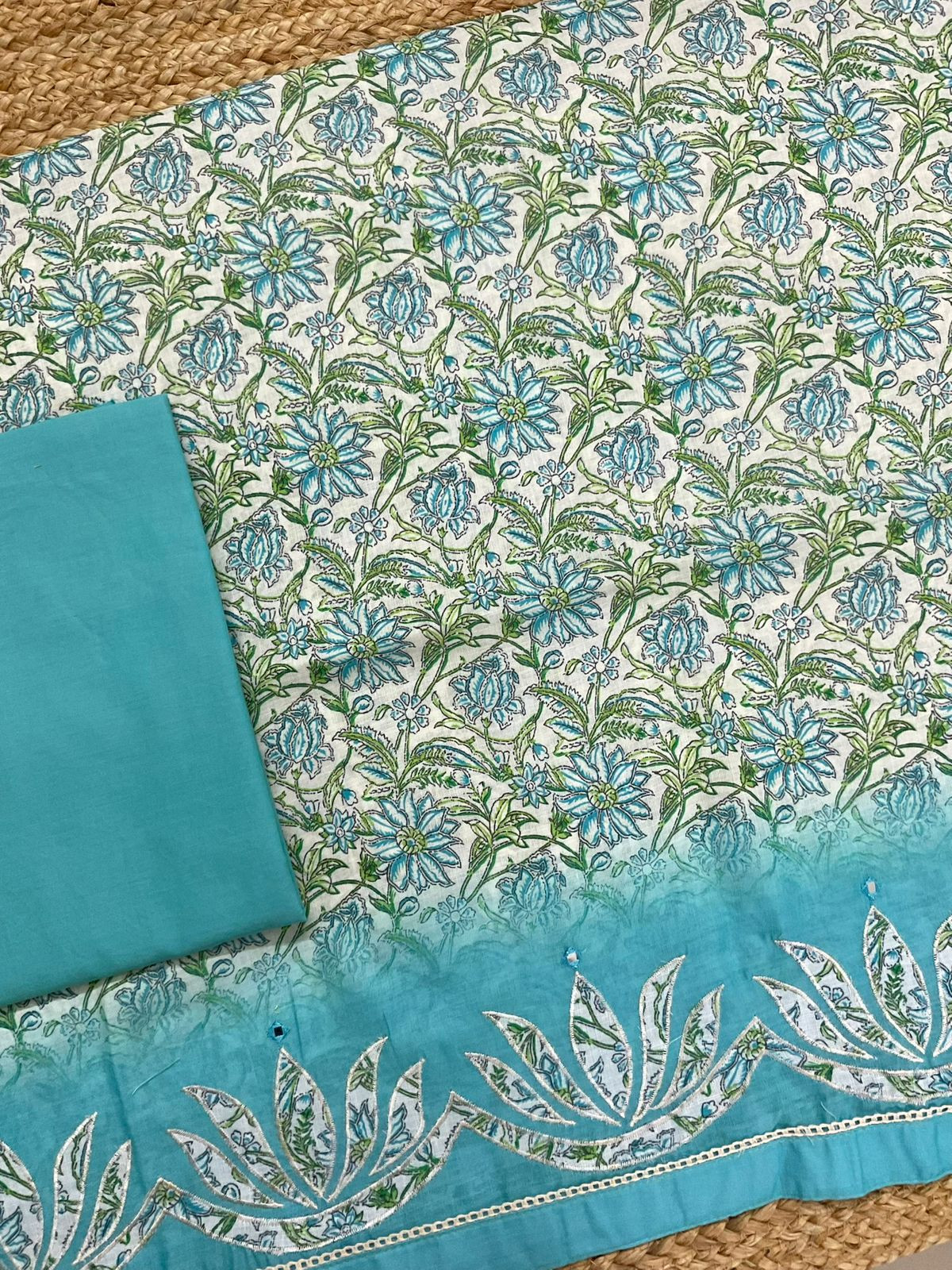 Soft Linen Jute Cotton Printed Embroidered Suit - Blue