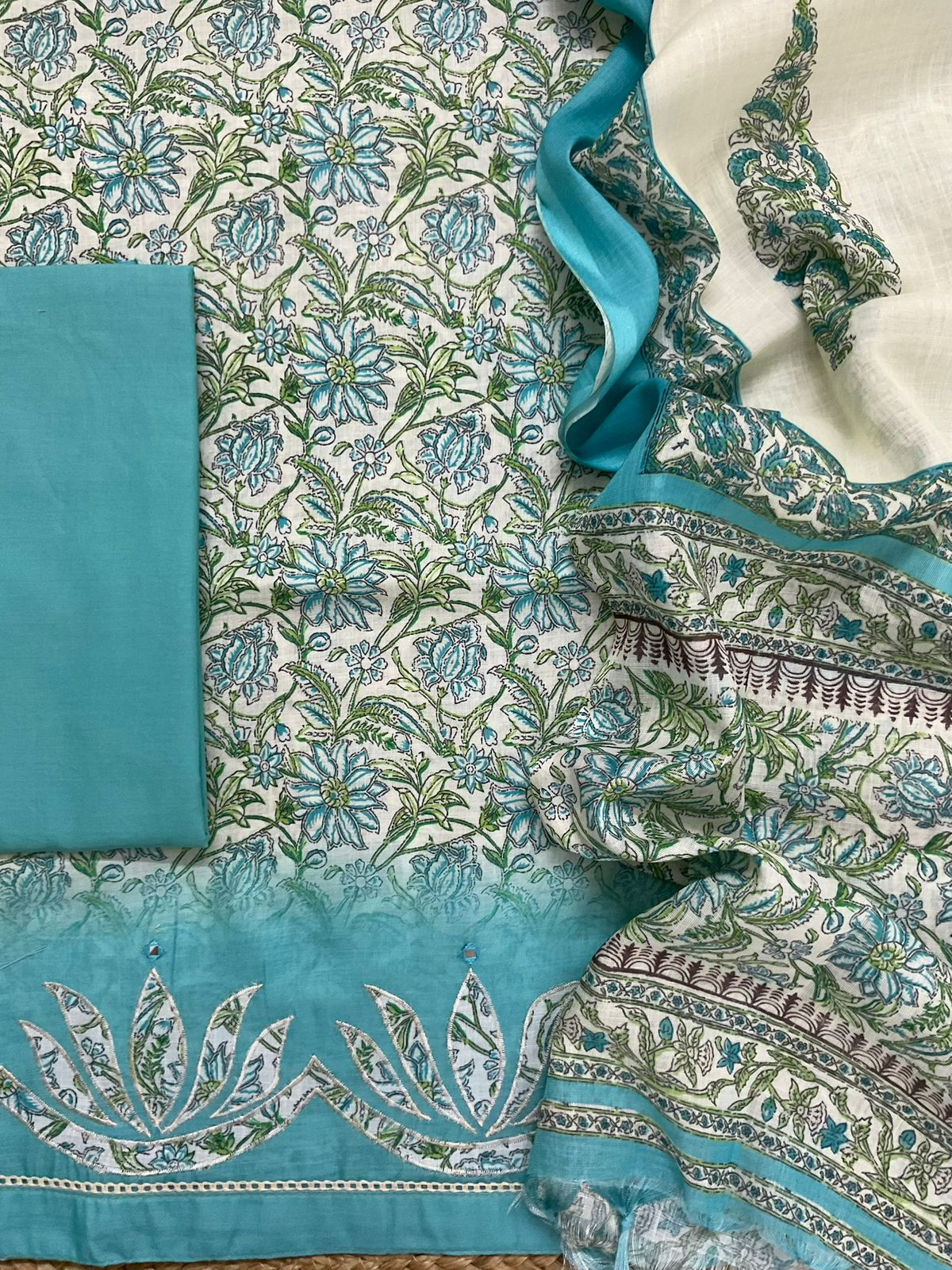 Soft Linen Jute Cotton Printed Embroidered Suit - Blue