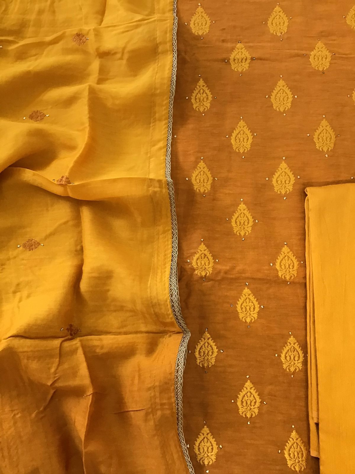 Pure Linen Chanderi Embroidered Suit - Orangish Yellow